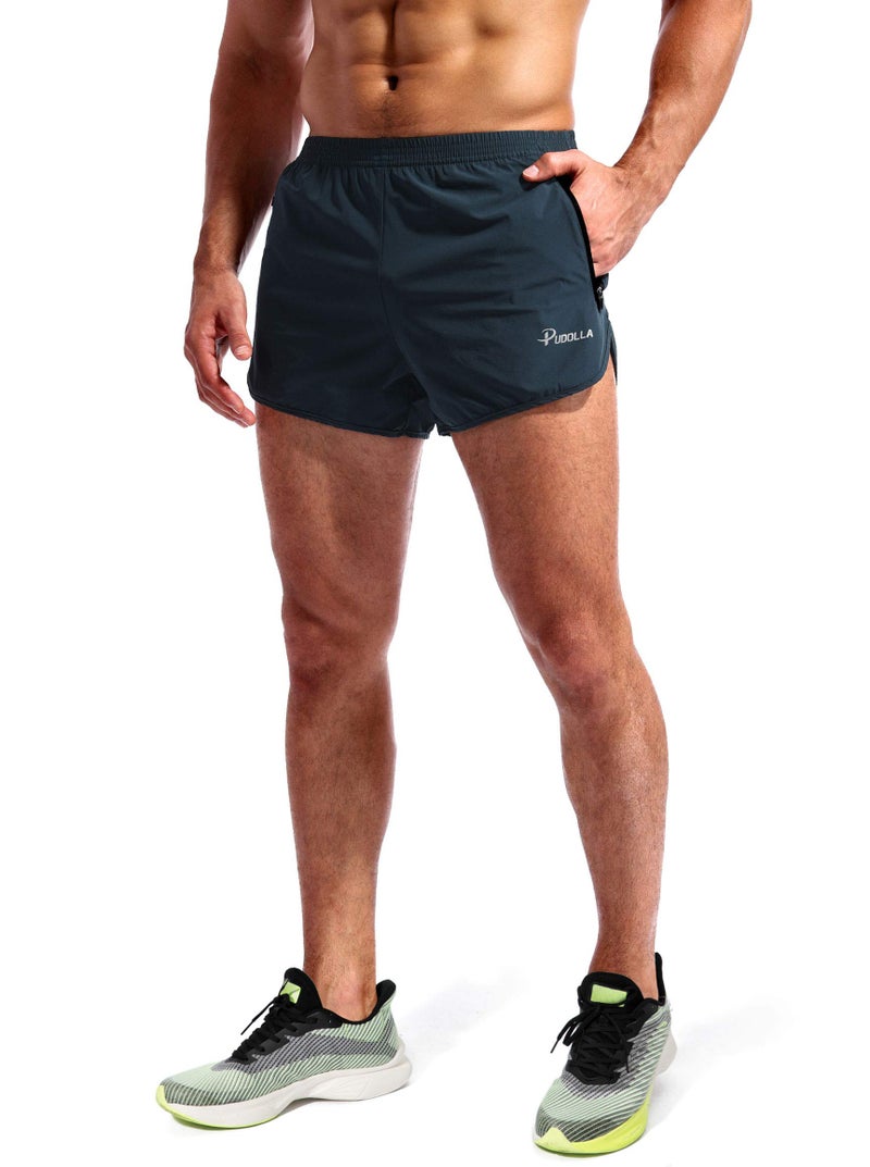Pudolla Menâ€™s Running Shorts 3 Inch Quick Dry Gym Athletic Workout Shorts for Men with Zipper Pockets(Navy Blue Large) - Image 3